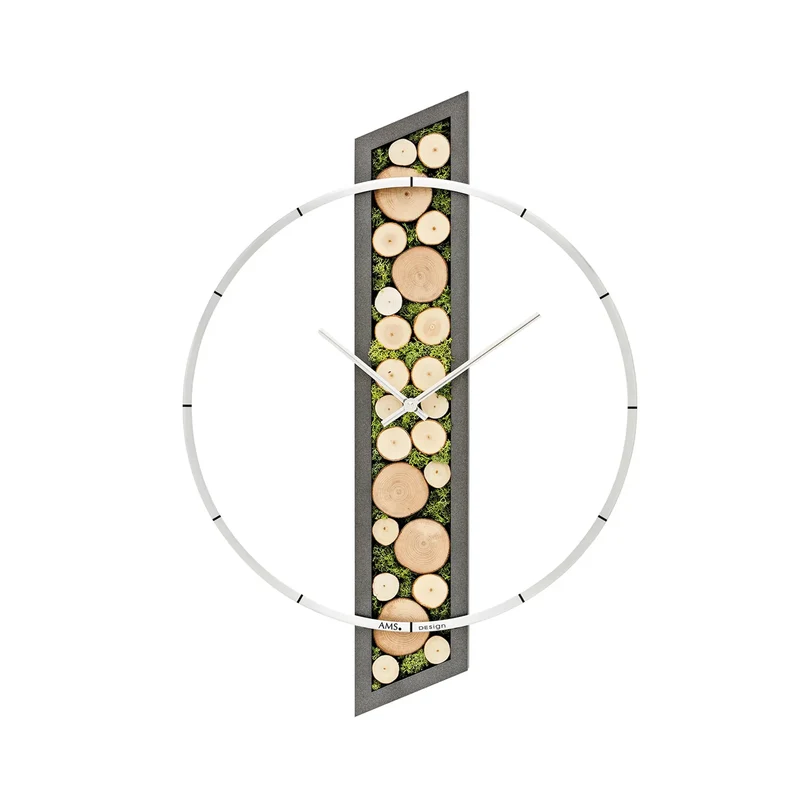 AMS Nature W9607 Wanduhr • Echtes Holz & Moos • Aluminium-Frontring