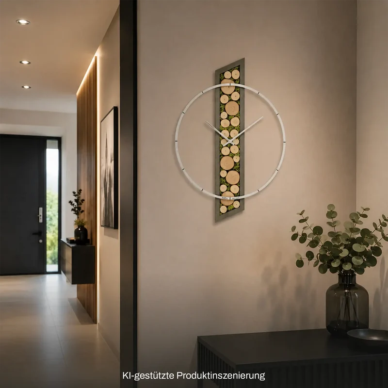 AMS Nature W9607 Wanduhr • Echtes Holz & Moos • Aluminium-Frontring
