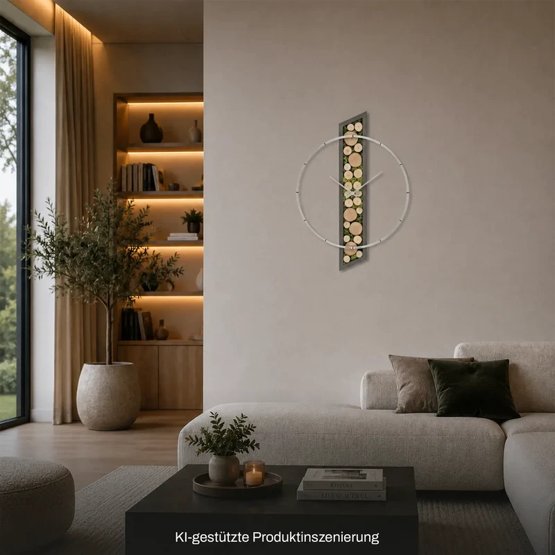 AMS Nature W9607 Wanduhr • Echtes Holz & Moos • Aluminium-Frontring
