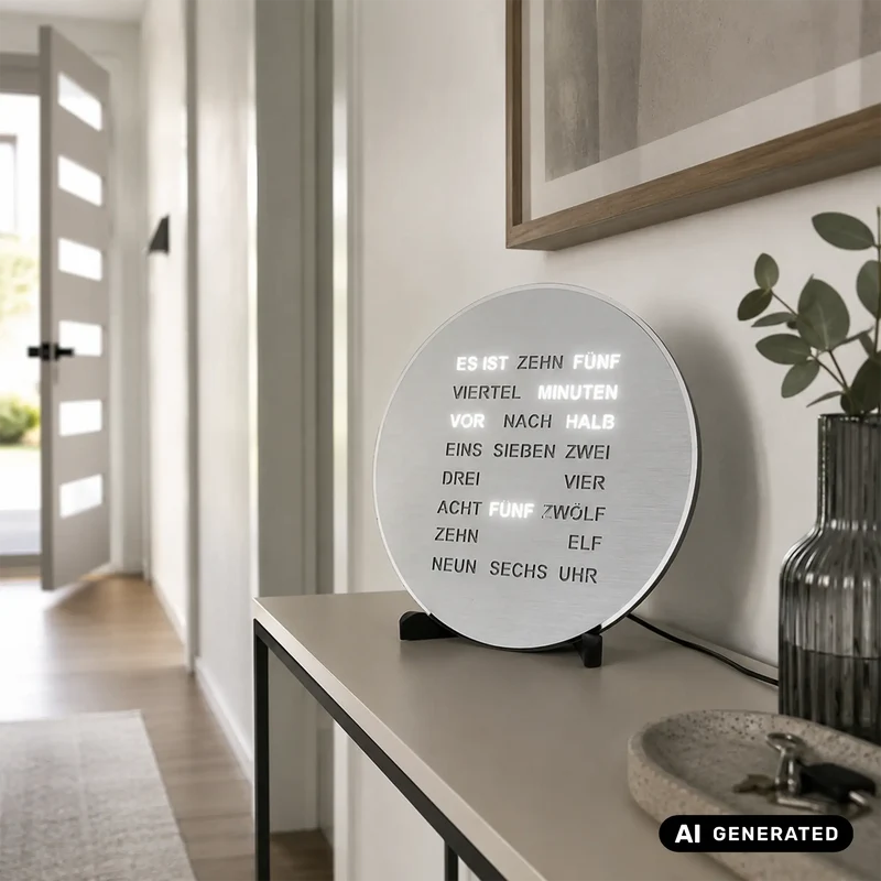 AMS Design T1295 Tisch- & Wanduhr • LED-Wortanzeige • Alu-Optik