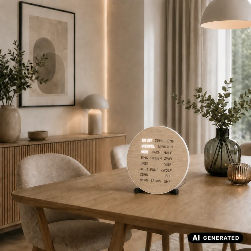 AMS Design T1287 Tisch- & Wanduhr • LED-Wortanzeige • Sonoma Holzoptik