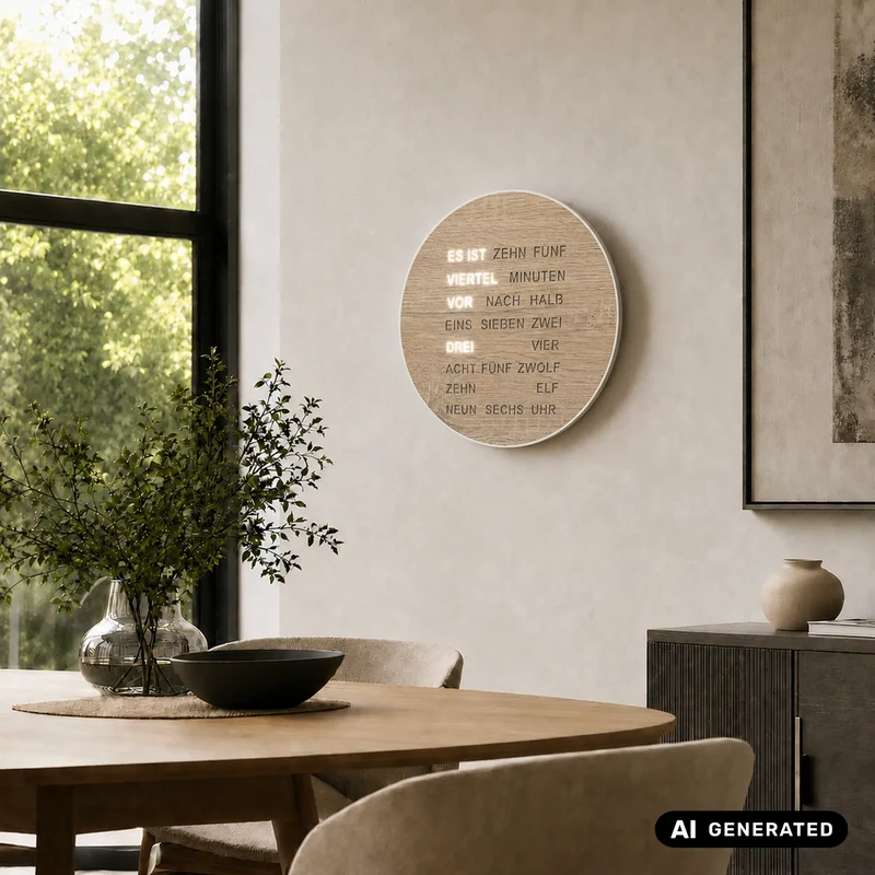 AMS Design T1287 Tisch- & Wanduhr • LED-Wortanzeige • Sonoma Holzoptik