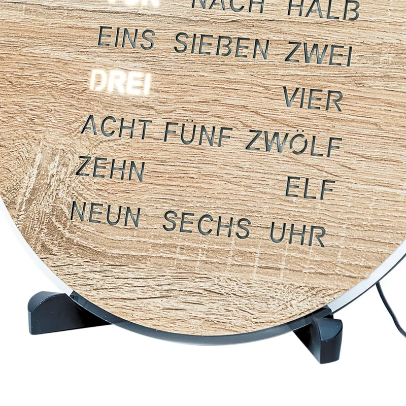 AMS Design T1287 Tisch- & Wanduhr • LED-Wortanzeige • Sonoma Holzoptik