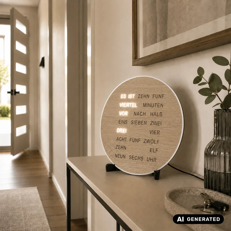 AMS Design T1287 Tisch- & Wanduhr • LED-Wortanzeige • Sonoma Holzoptik