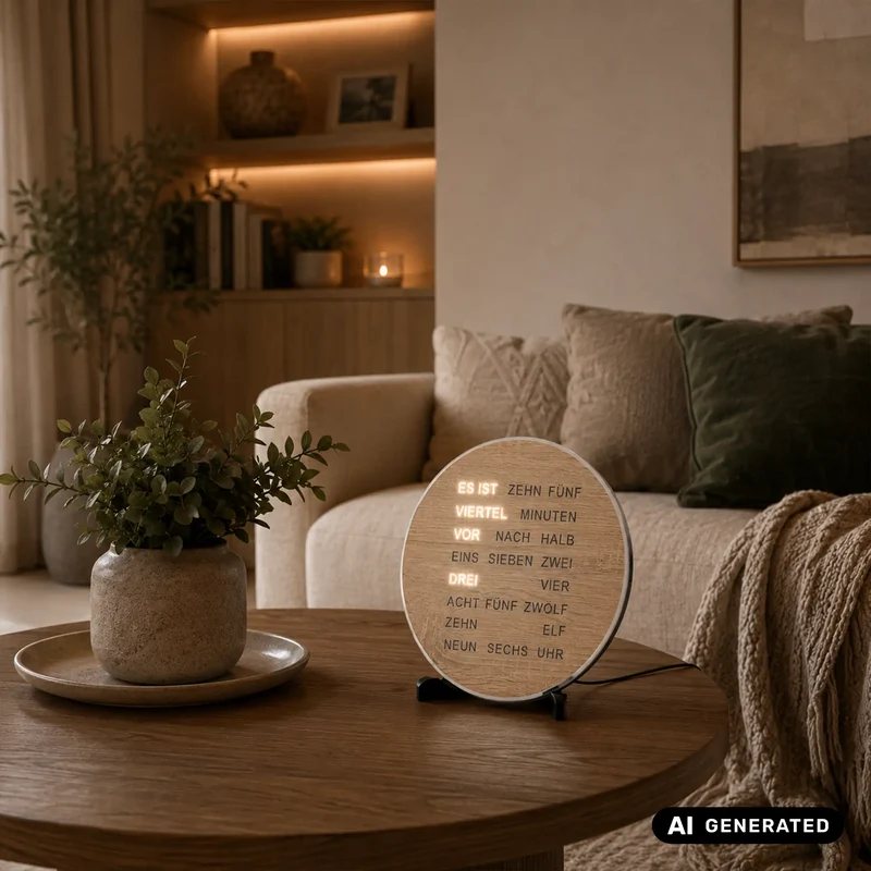 AMS Design T1287 Tisch- & Wanduhr • LED-Wortanzeige • Sonoma Holzoptik