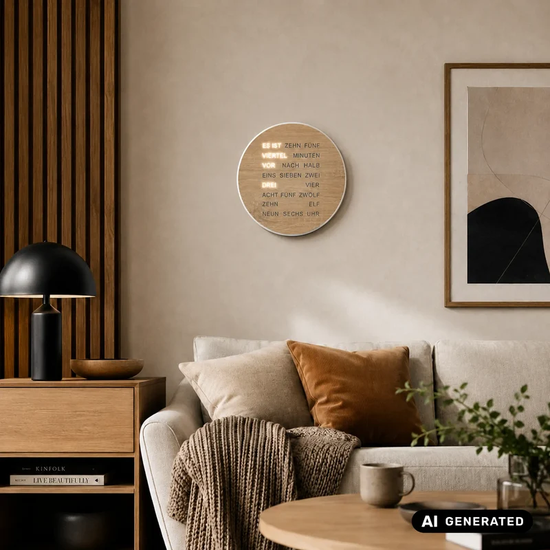 AMS Design T1287 Tisch- & Wanduhr • LED-Wortanzeige • Sonoma Holzoptik
