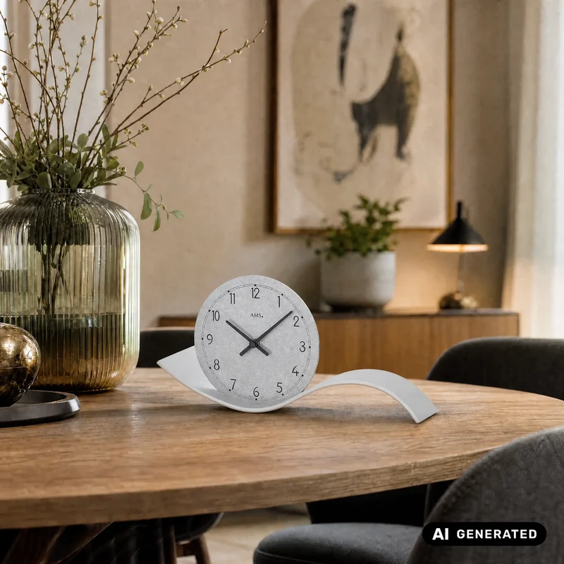 AMS Design T1318 Tischuhr • Geschwungenes Holzgehäuse mit Silber • Präzises Quarzwerk