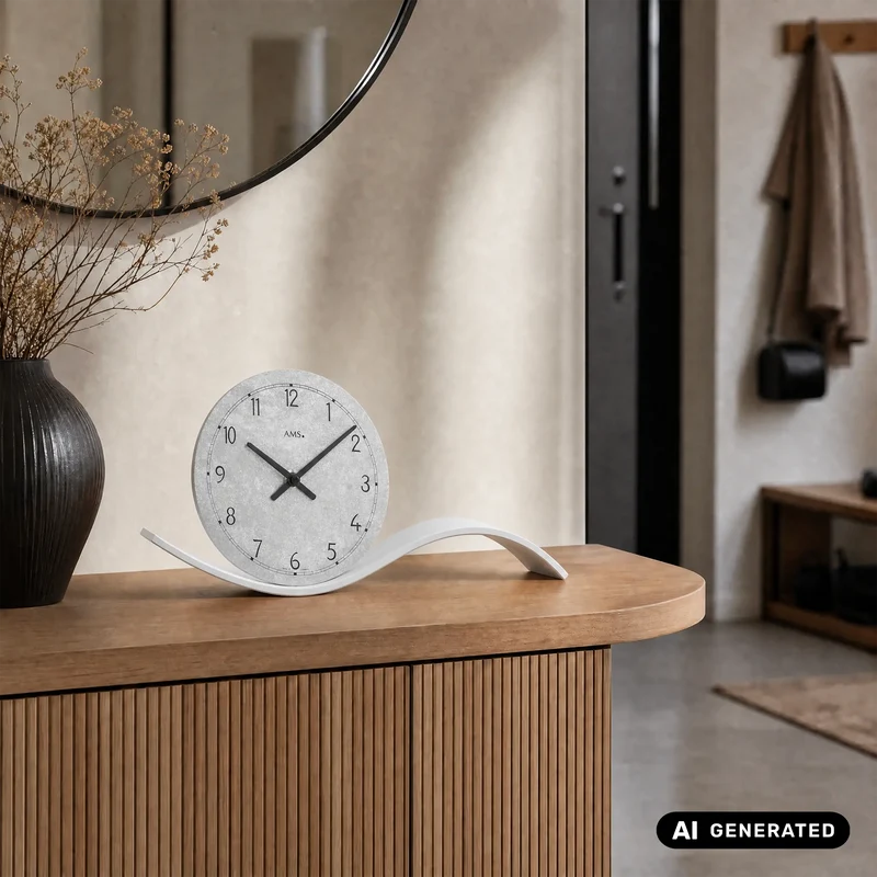 AMS Design T1318 Tischuhr • Geschwungenes Holzgehäuse mit Silber • Präzises Quarzwerk