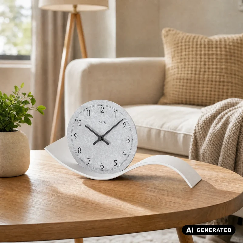 AMS Design T1318 Tischuhr • Geschwungenes Holzgehäuse mit Silber • Präzises Quarzwerk