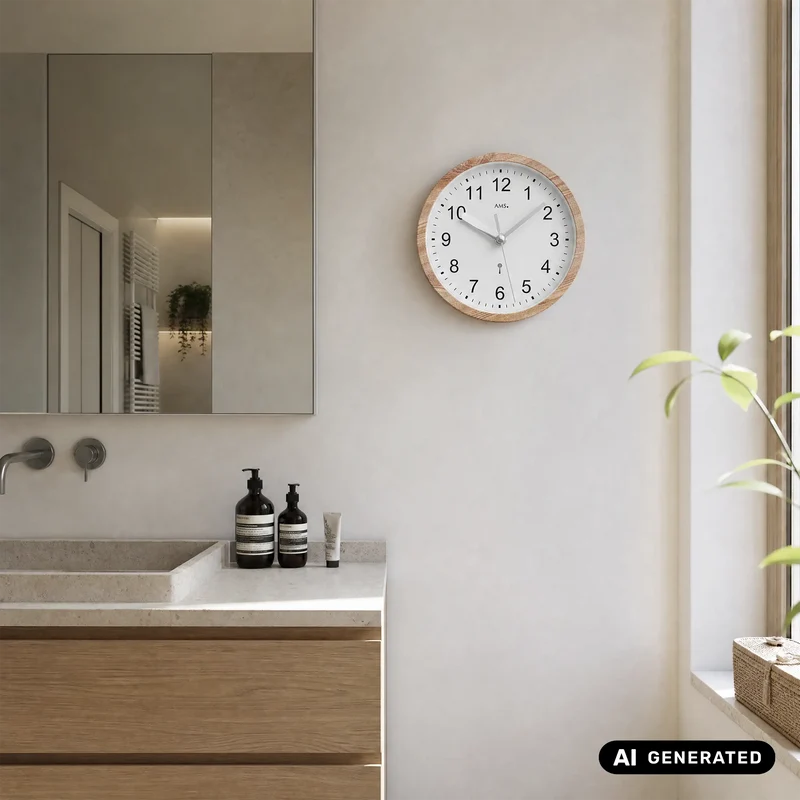 AMS Funk F5927H Wanduhr • Wassergeschützt • Holzoptik