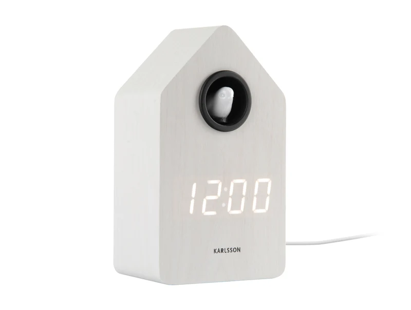 Karlsson Cuckoo LED KA6061WH Wecker Weiß • Stündlicher LED-Kuckuck • Holzfurnier-Design