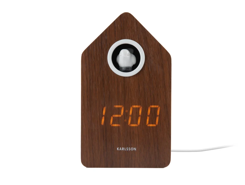 Karlsson Cuckoo LED KA6061DW Wecker Dunkles Holzfurnier • Stündlicher Kuckucksruf • LED-Display