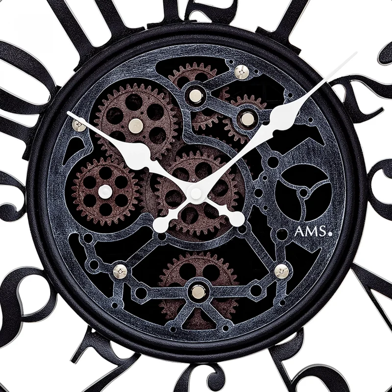 AMS Design W9634 Wanduhr • Bewegliche Zahnräder • Antik-Optik