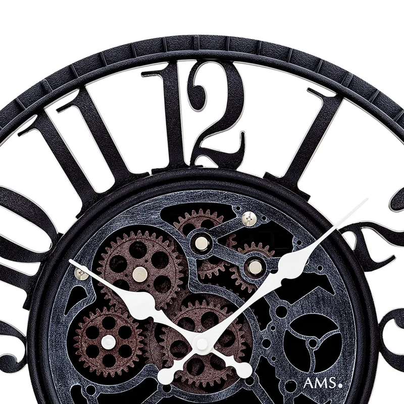 AMS Design W9634 Wanduhr • Bewegliche Zahnräder • Antik-Optik