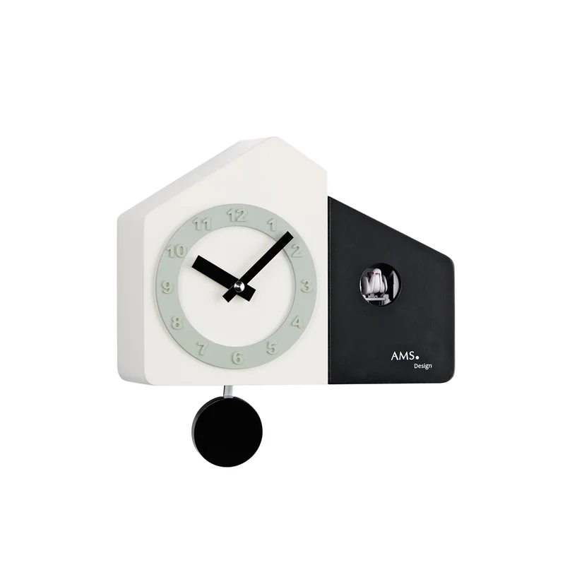 AMS Design W7397 Wanduhr • Modernes Holzgehäuse in Schwarz-Weiß • Quarz-Pendelwerk mit Kuckuckruf
