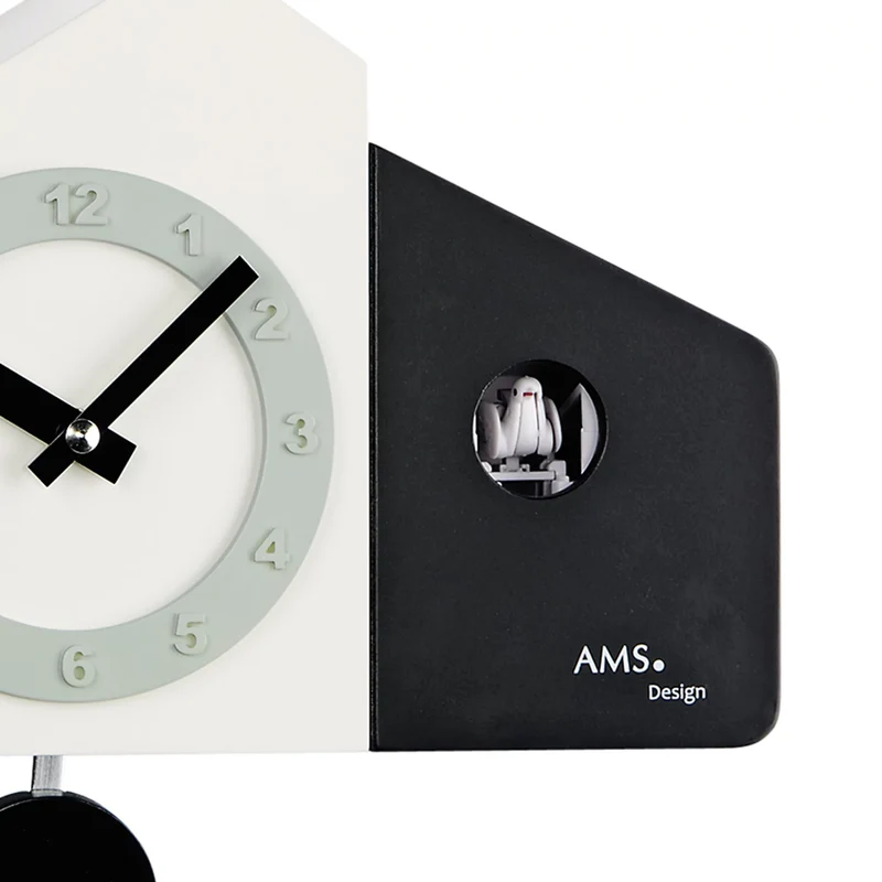 AMS Design W7397 Wanduhr • Modernes Holzgehäuse in Schwarz-Weiß • Quarz-Pendelwerk mit Kuckuckruf