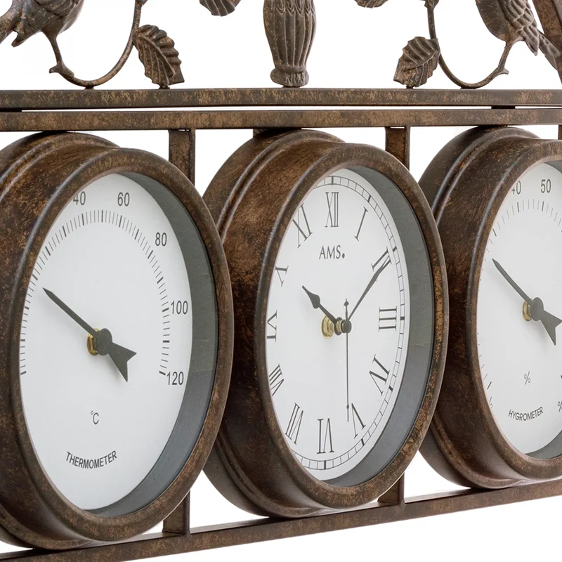 AMS Funk F5967 Wanduhr • Thermometer • Antik-Metallgehäuse