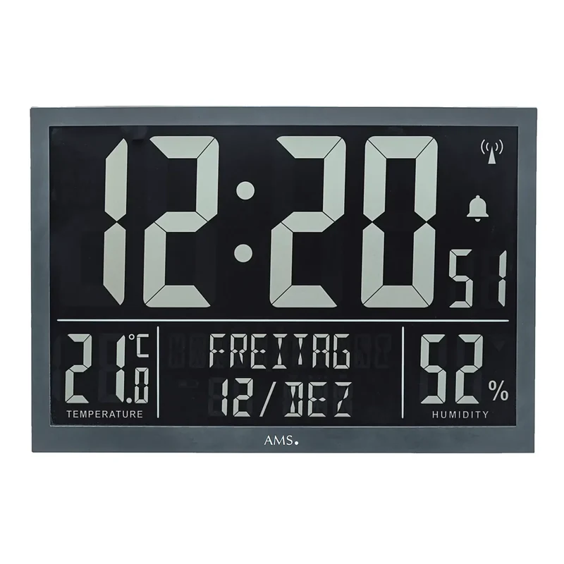 AMS Funk F5889 Wanduhr • Großes LCD-Display • Raumklima-Anzeige