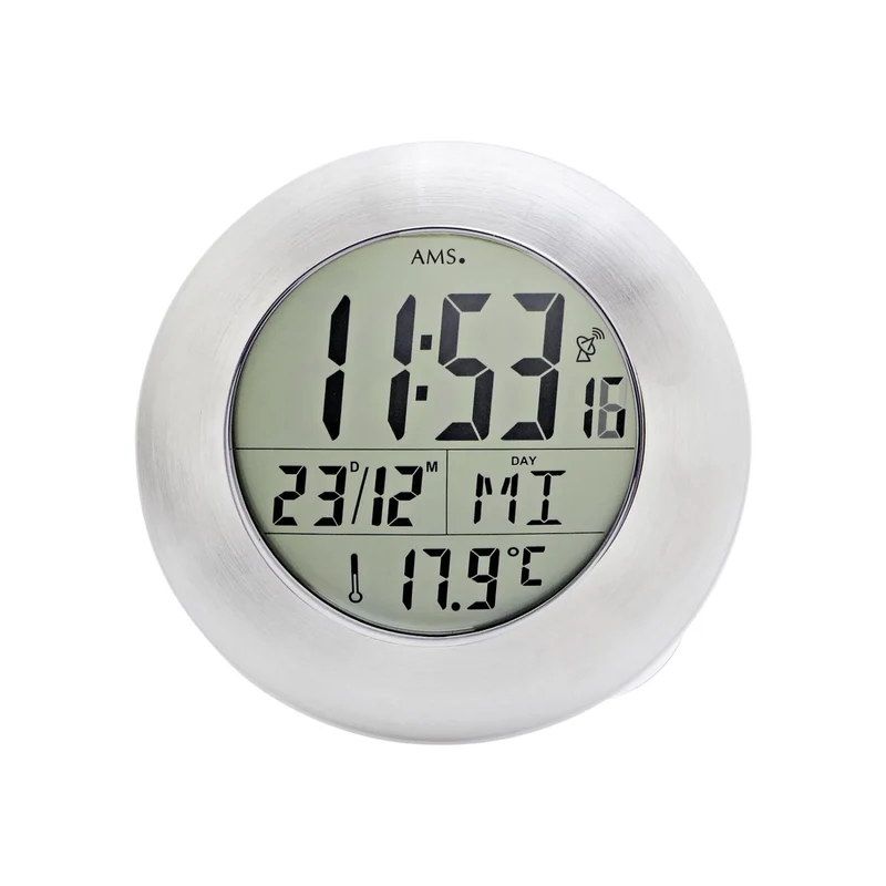 AMS Funk F5929 Digitale Wanduhr • LCD-Display mit Thermometer • Aluminium-Gehäuse
