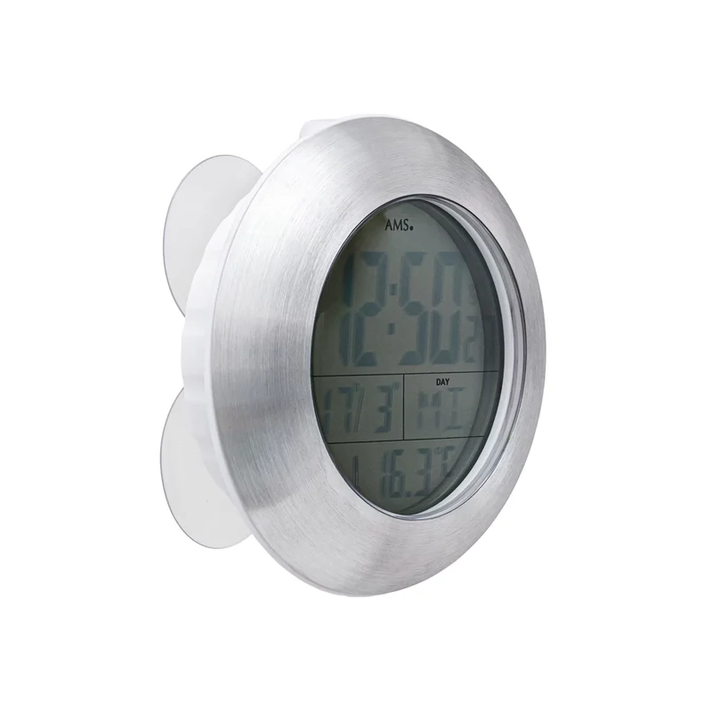 AMS Funk F5929 Digitale Wanduhr • LCD-Display mit Thermometer • Aluminium-Gehäuse