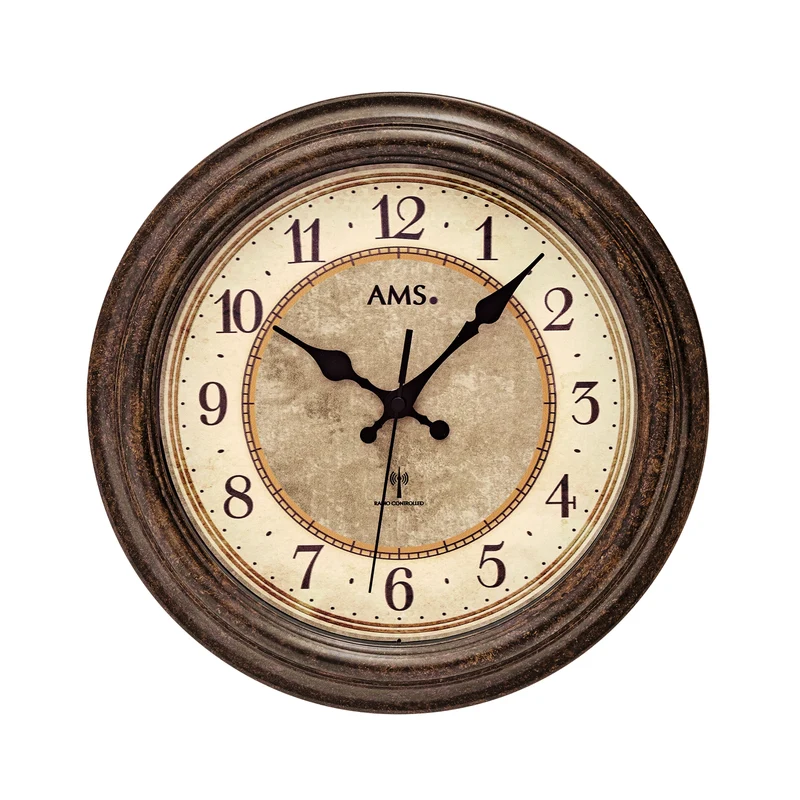AMS Funk F5544 Wanduhr • Präzises Funk-Uhrwerk • Antik-braunes Retro-Design