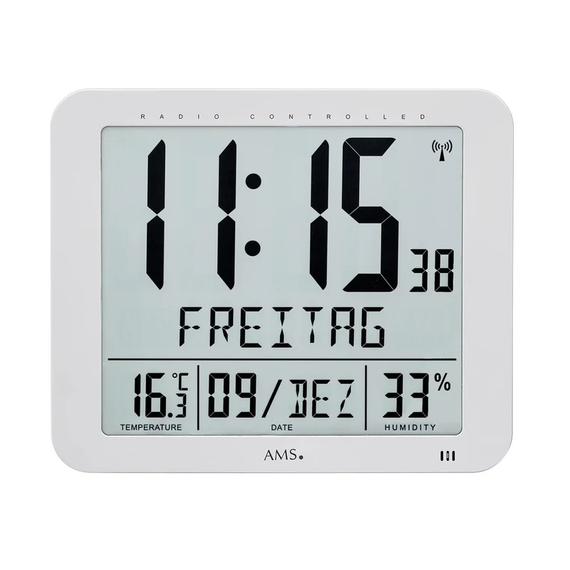 AMS Funk F5884 Wanduhr • Präzises Funkwerk • Anzeige von Raumklimadaten