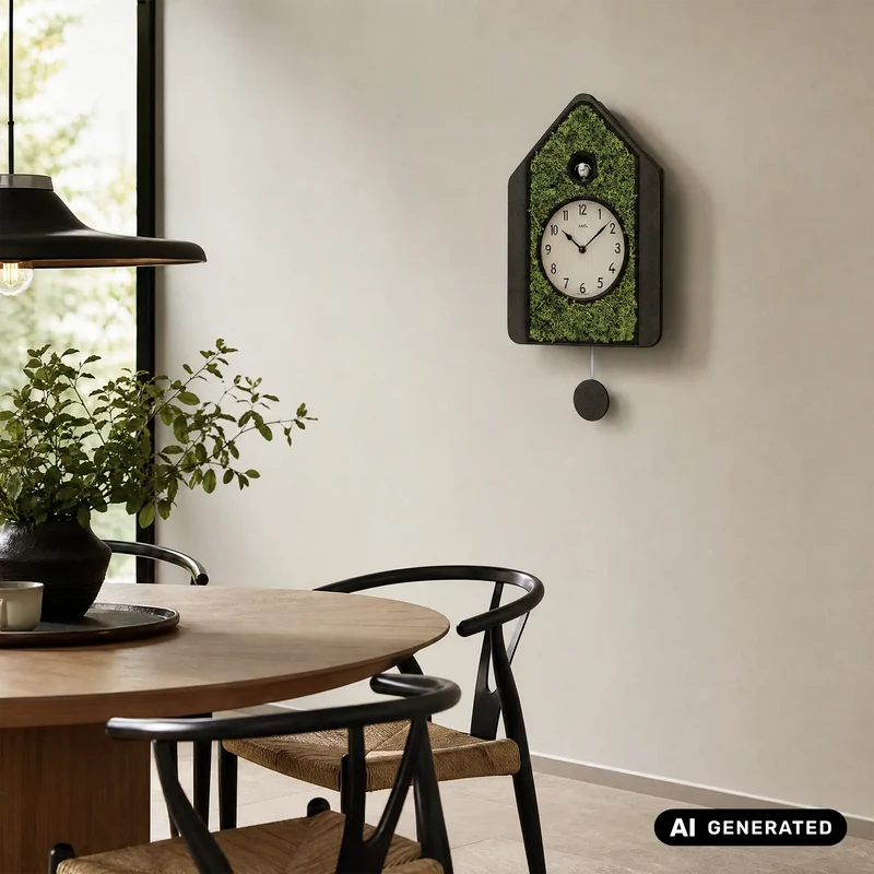 AMS Design W7497 Pendeluhr • Echte Mooseinlage • Quarzwerk mit Kuckucksruf