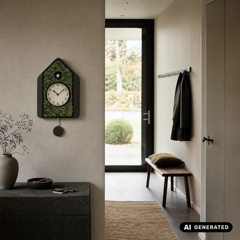 AMS Design W7497 Pendeluhr • Echte Mooseinlage • Quarzwerk mit Kuckucksruf