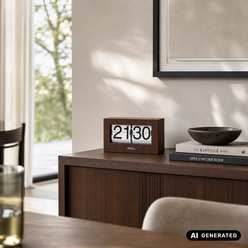 AMS Retro T1177 Tischuhr / Flip Clock • Klappzahlen-Anzeige • Metall & Nussbaumdekor