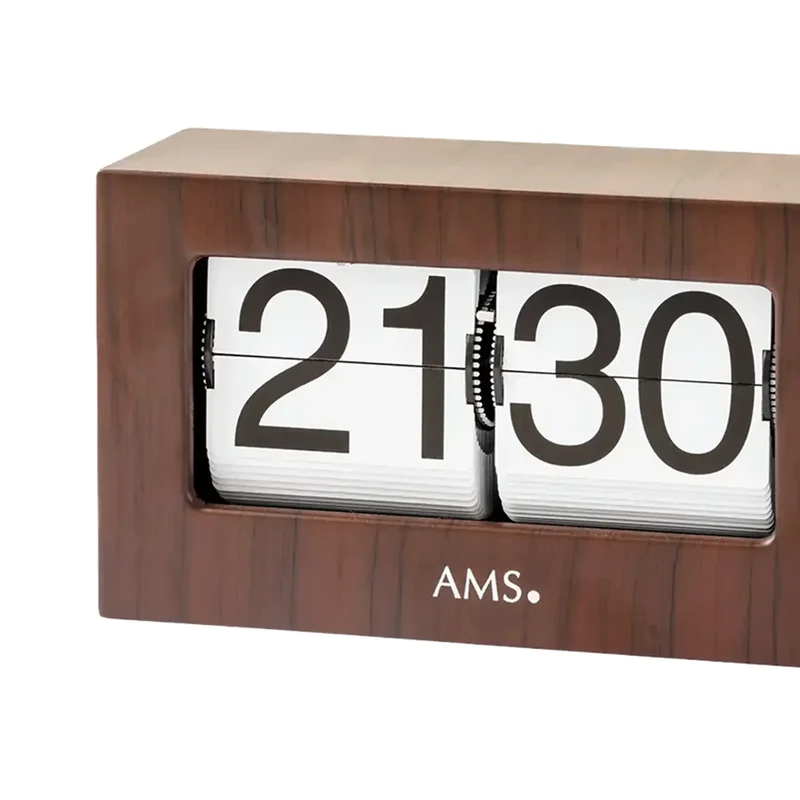 AMS Retro T1177 Tischuhr / Flip Clock • Klappzahlen-Anzeige • Metall & Nussbaumdekor