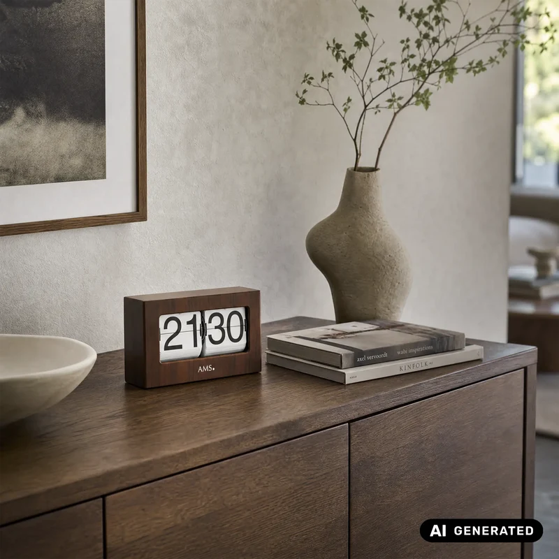AMS Retro T1177 Tischuhr / Flip Clock • Klappzahlen-Anzeige • Metall & Nussbaumdekor
