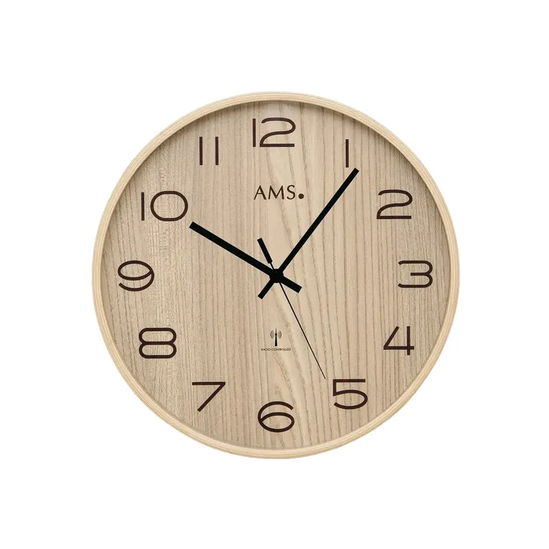 AMS Funk F5514 Wanduhr • Holzgehäuse • Präzises Funkuhrwerk
