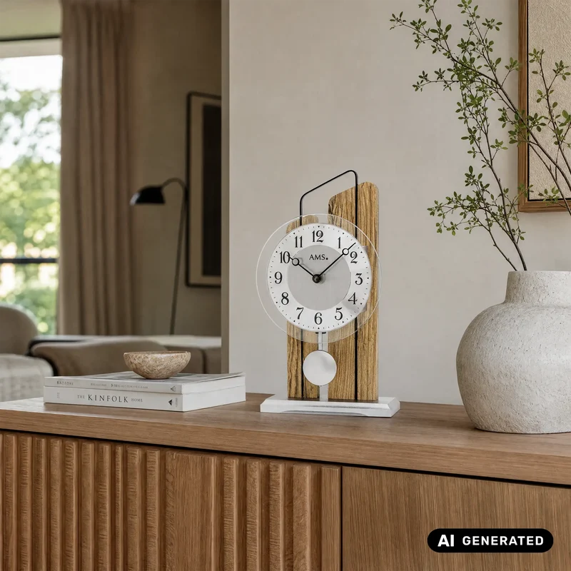 AMS Pendel T1260 Tischuhr • Massivholz Wildeiche • Präzises Quarzwerk