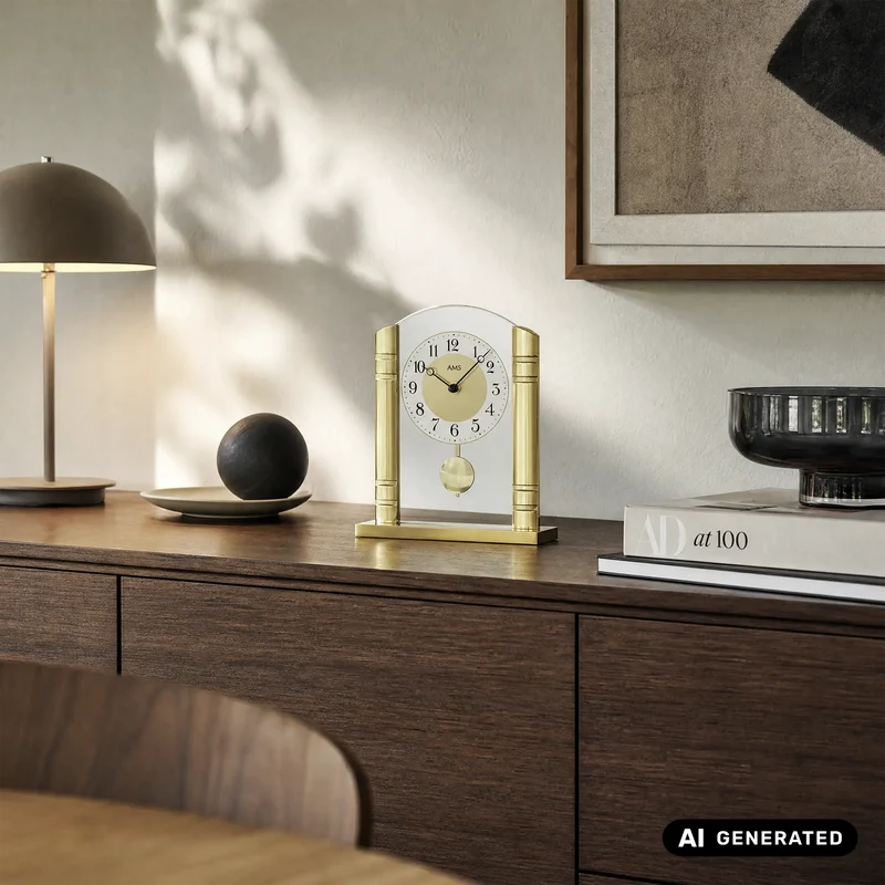 AMS Design T1117 Tischuhr • Mit Pendel • Gold & Mineralglas