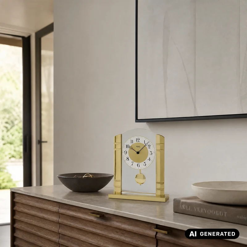 AMS Design T1117 Tischuhr • Mit Pendel • Gold & Mineralglas