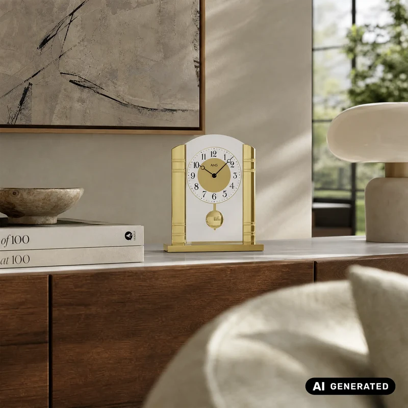 AMS Design T1117 Tischuhr • Mit Pendel • Gold & Mineralglas