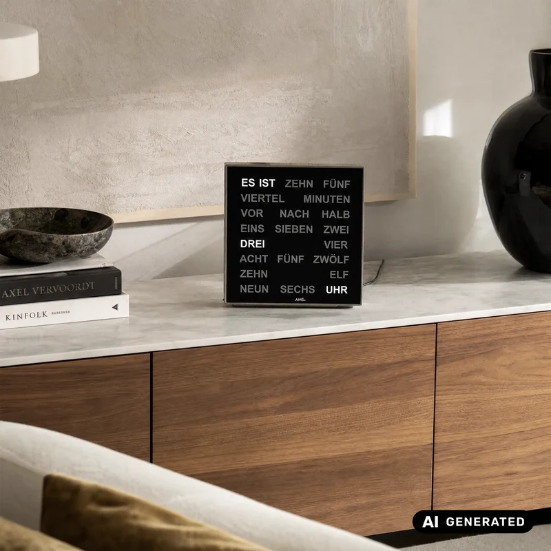 AMS Design T1235 Tisch- und Wanduhr • Innovative LED Wortanzeige • Inkl. 220V Netzteil