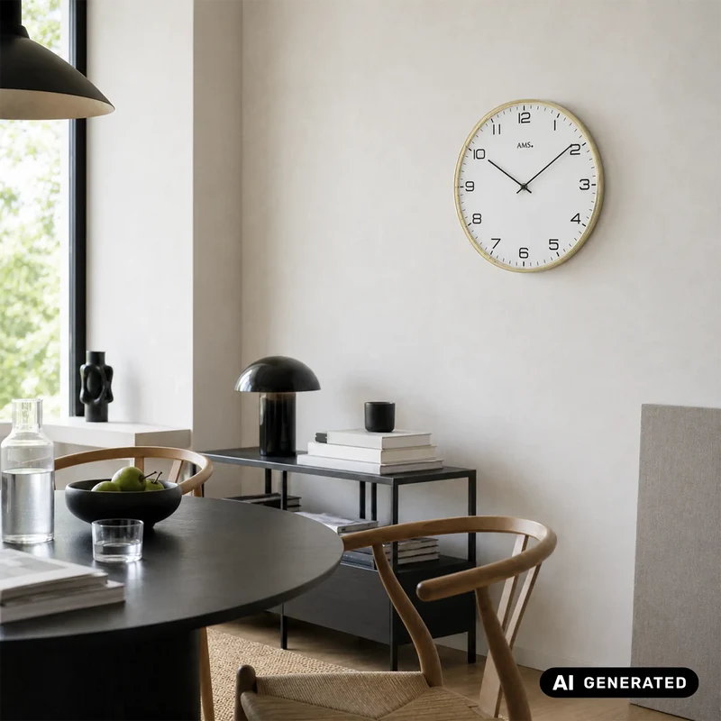 AMS Quarz W9657 Wanduhr • Vermessingtes Metallgehäuse • Mineralglas