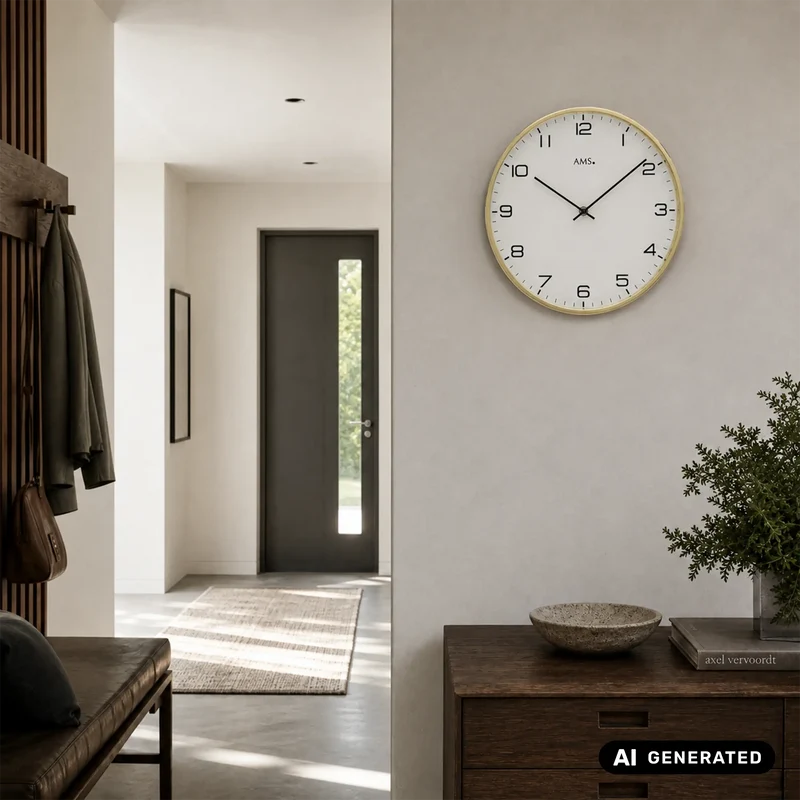 AMS Quarz W9657 Wanduhr • Vermessingtes Metallgehäuse • Mineralglas