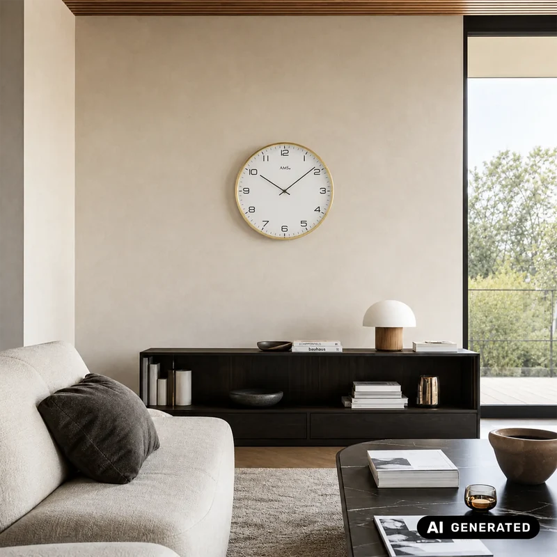 AMS Quarz W9657 Wanduhr • Vermessingtes Metallgehäuse • Mineralglas