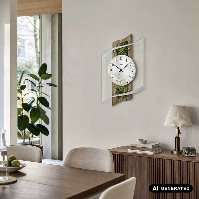 AMS Funk F5517 Wanduhr • Naturmoos-Einlage • Mineralglas