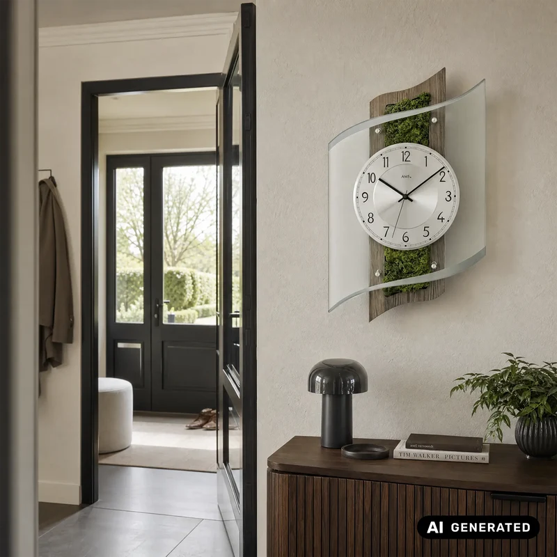 AMS Funk F5517 Wanduhr • Naturmoos-Einlage • Mineralglas