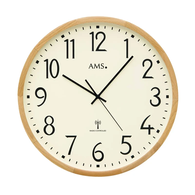 AMS Funk F5534 Wanduhr • Buche Massivholz • Präzises Funk-Uhrwerk
