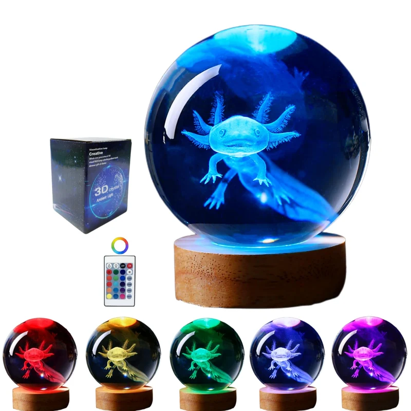 3D Kristal Axolotl Sfeer Lamp met Houten Basis - 16 Kleuren Lichtmodus - Ø8cm Kristallen Bol met LED Verlichting | Sansoti