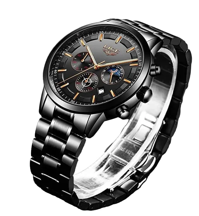 Stalen Herenhorloge Zwart – Elegant Design met Datum & Dag/Nacht – Waterdicht 30M | Sansoti