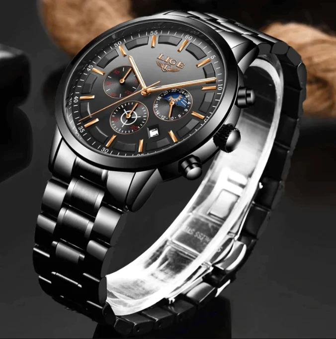 Stalen Herenhorloge Zwart – Elegant Design met Datum & Dag/Nacht – Waterdicht 30M | Sansoti