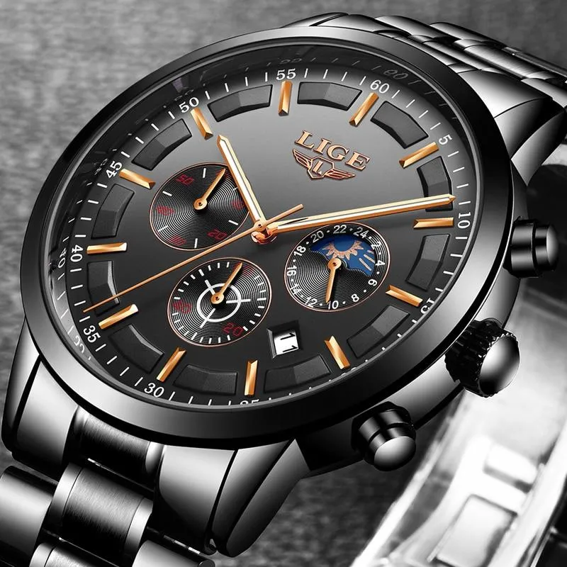 Stalen Herenhorloge Zwart – Elegant Design met Datum & Dag/Nacht – Waterdicht 30M | Sansoti