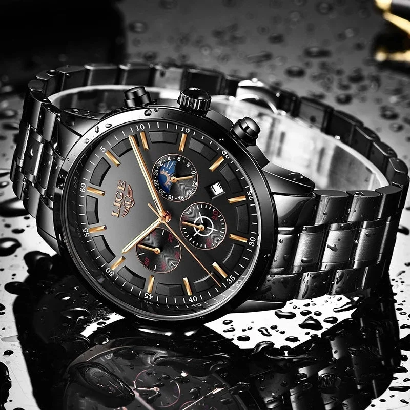 Stalen Herenhorloge Zwart – Elegant Design met Datum & Dag/Nacht – Waterdicht 30M | Sansoti