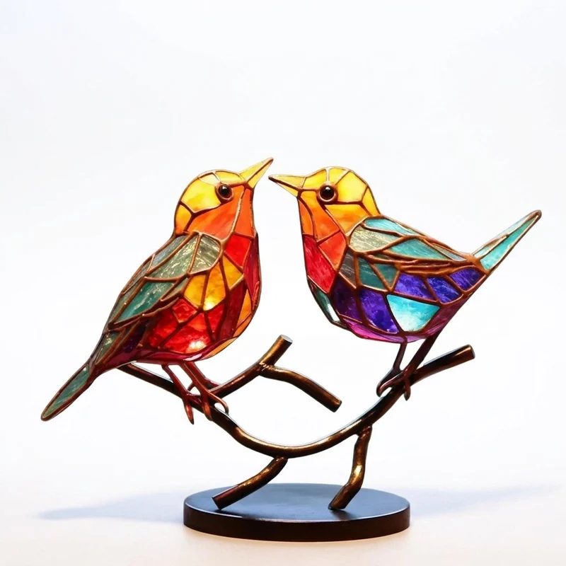 Decoratieve Glazen Vogels op Tak — Kleurrijke Bureaubladornamenten voor Natuur in je Interieur | Sansoti