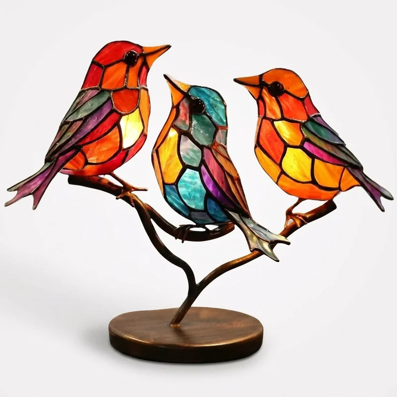 Decoratieve Glazen Vogels op Tak — Kleurrijke Bureaubladornamenten voor Natuur in je Interieur | Sansoti